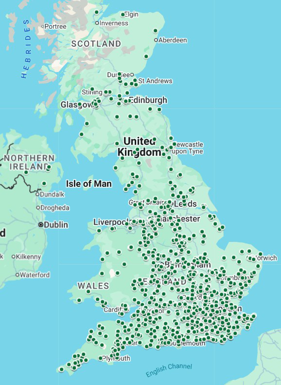 UK map with dots representing some gardening members